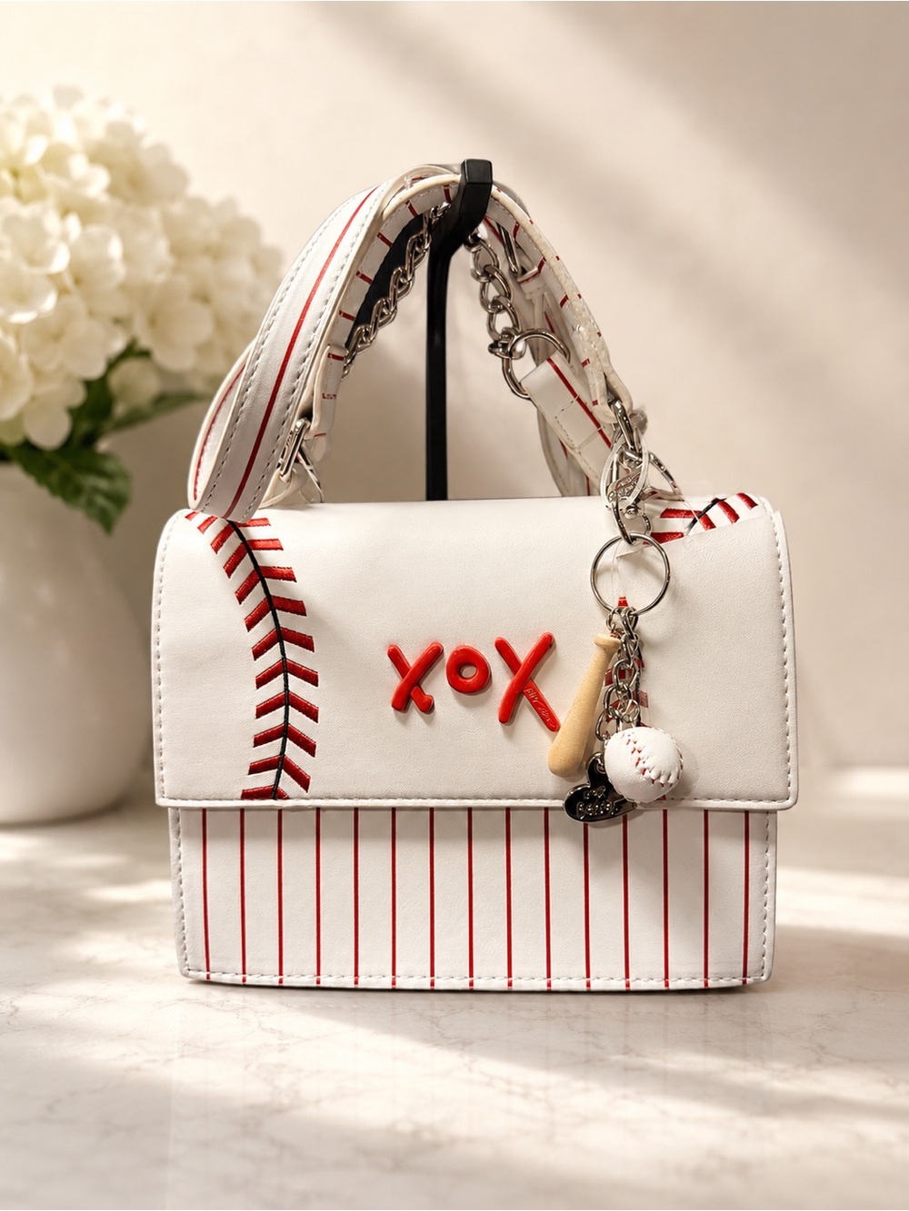 Betsey Johnson White & Red Baseball Accent Top Handle Crossbody w/Bag Charm